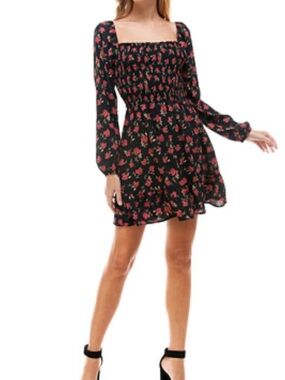 Trixxi Floral Print‎ Long Sleeve Smocked A Line Mini Dress Large L